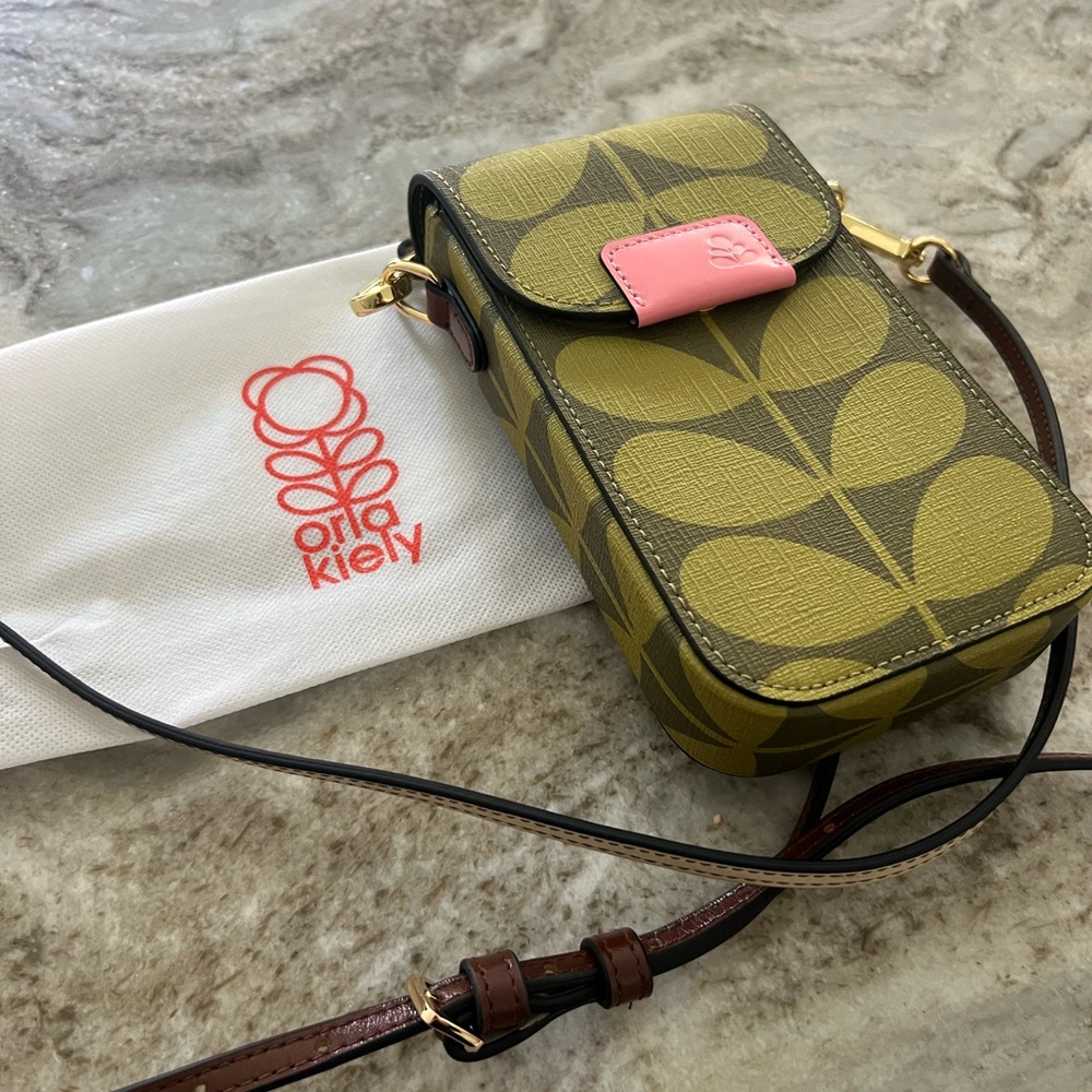 Orla Kiely Green and Pink Leaf Crossbody Phone Bag